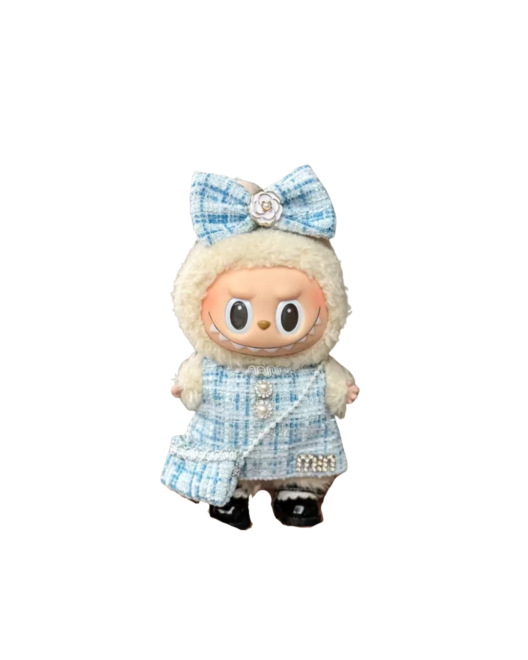 💎 Blue Tweed Dress Set with Matching Bag for 17cm Dolls – Pearl & Bow Chic Look