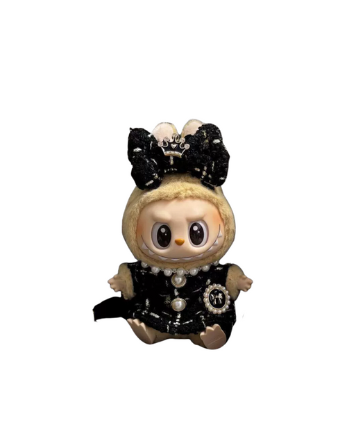 👑 Black Pearl Tweed Dress Set for 17cm Dolls – Royal Crown Bow Edition