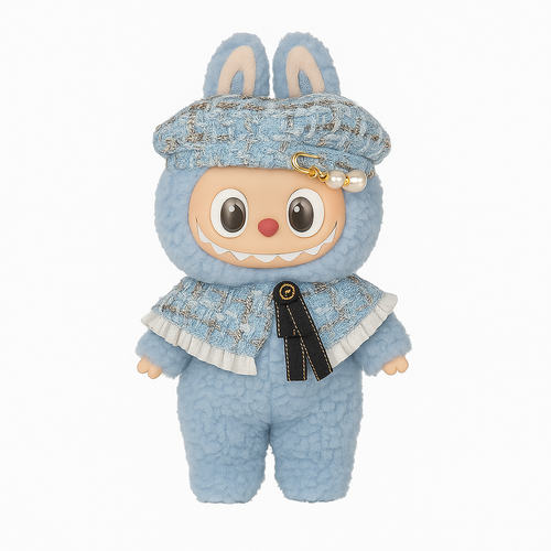 💙 Blue Tweed Beret Cape Set for 17cm Dolls – Soft Parisian Chic (2-Piece)