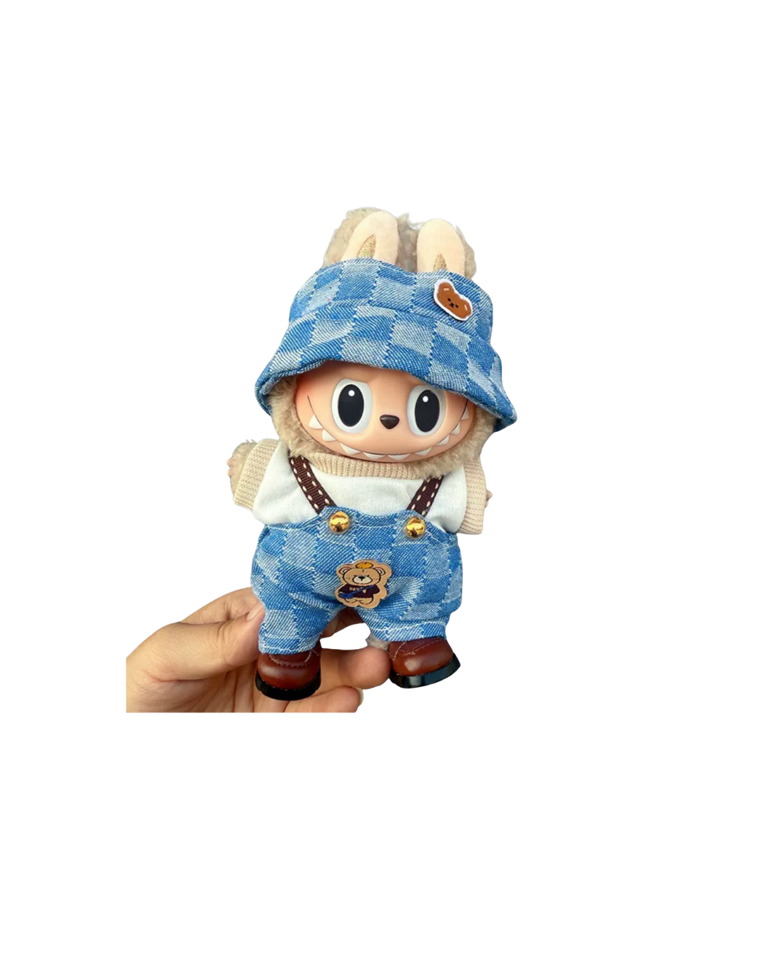 👖 Denim Style Outfit for 17cm Labubu Dolls – 3-Piece Set (Hat + Tee + Overalls)